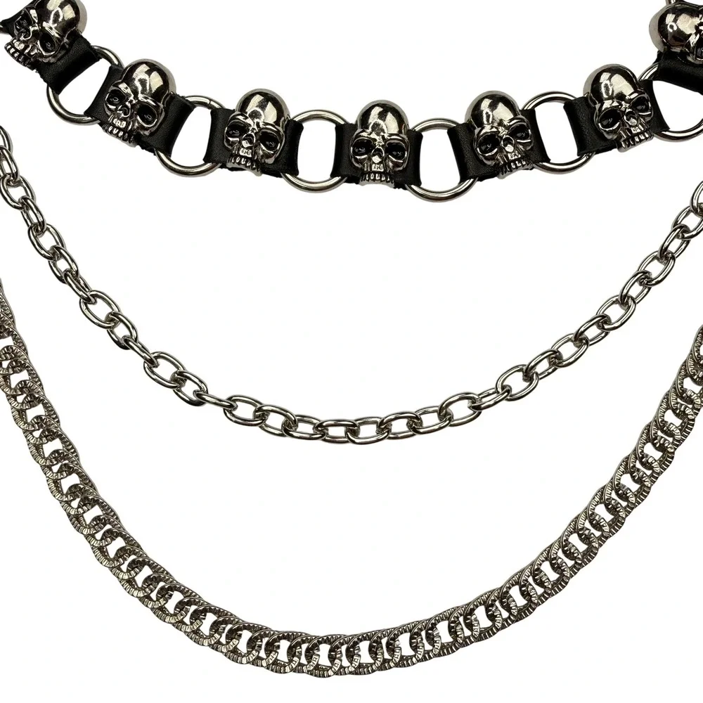 Skull Pant Chain Women OS Silver Triple Layered Gothic Punk Emo Biker Necklace
